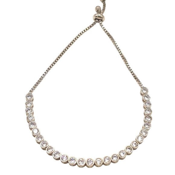 None Jewelry - Adjustable Silver-Tone Bracelet With Clear Rhinestones & Box Chain Design